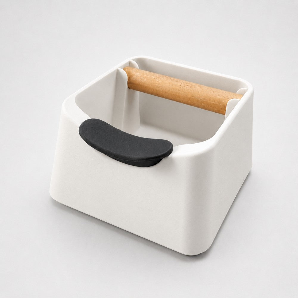 KNOCDIC® Pod 3-in-1 espresso knock box with portafilter stand and oak wood knock bar in ivory white for coffee preparation.
