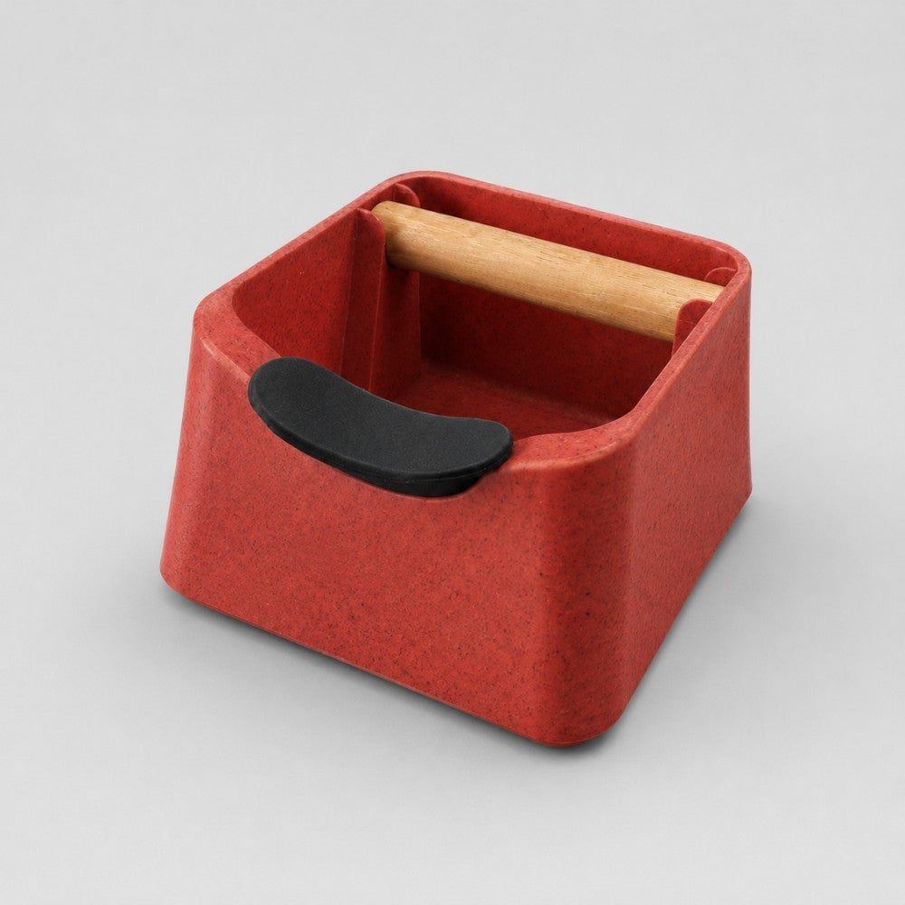 KNOCDIC® Pod 3-in-1 espresso knock box with marble red finish, portafilter stand, and oak wood knock bar for coffee breaks