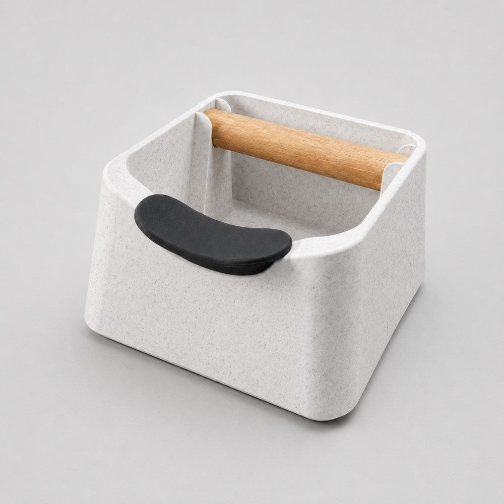 KNOCDIC® Pod 3-in-1 espresso knock box with marble white finish, portafilter stand, and oak wood knock bar for coffee grounds.