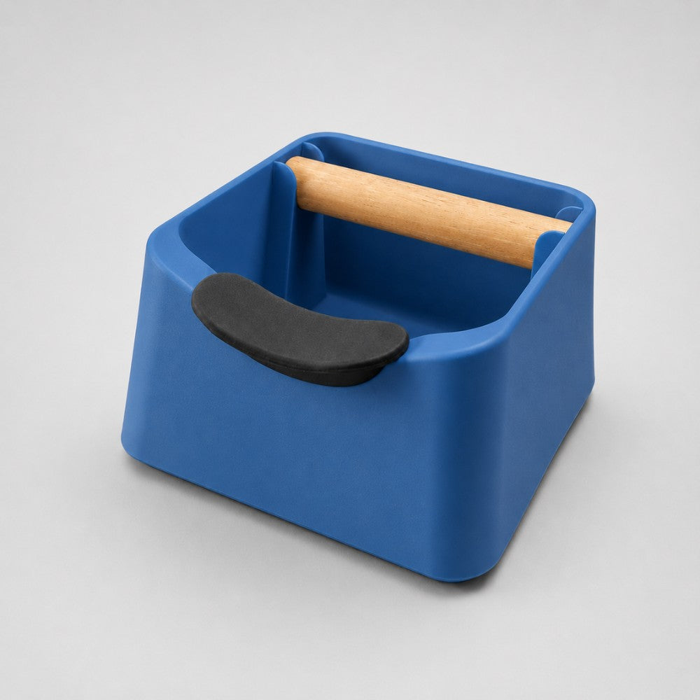 KNOCDIC® The Pod 3-in-1 espresso knock box with marine blue finish, portafilter stand, and oak wood knock bar for coffee prep.
