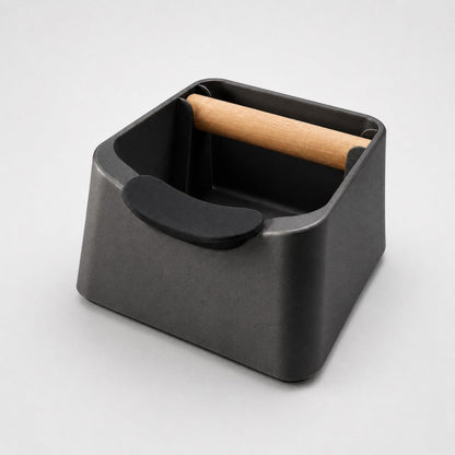 KNOCDIC® The Pod 3-in-1 Espresso Knock Box with portafilter stand and oak wood knock bar in metallic black for coffee grounds disposal