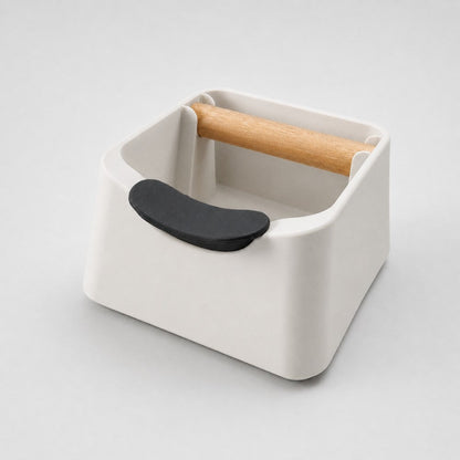KNOCDIC® The Pod 3-in-1 espresso knock box with portafilter stand and oak wood knock bar, off-white color for coffee grounds disposal