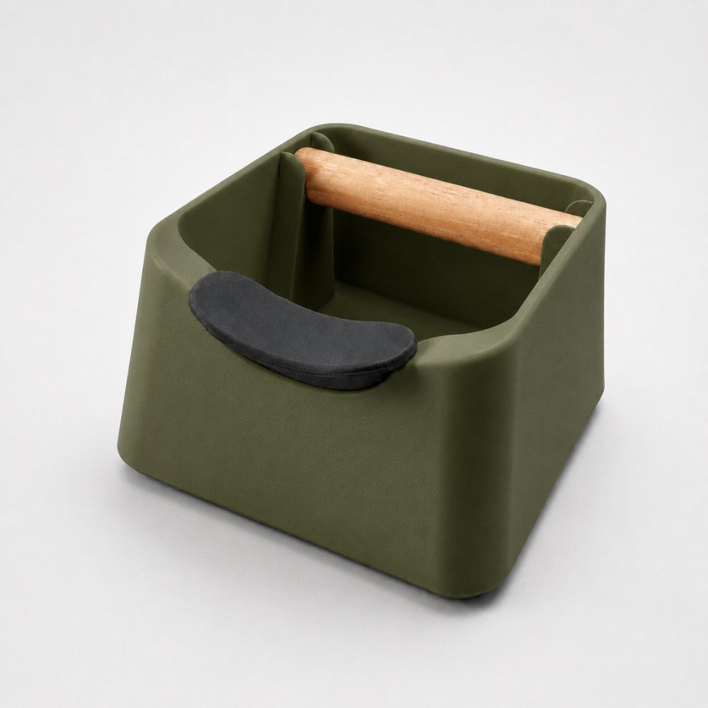 KNOCDIC® Pod 3-in-1 Espresso Knock Box with portafilter stand, oak wood knock bar, in olive green for coffee preparation.