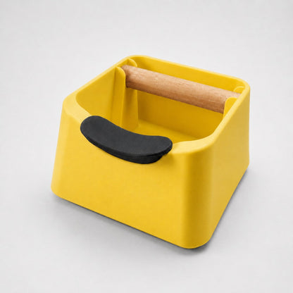 KNOCDIC® The Pod 3-in-1 espresso knock box with portafilter stand and oak wood knock bar in yellow for coffee grounds disposal