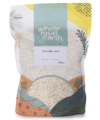 Whole Food Earth porridge oats cereal in a 500g package, showcasing the wholesome oats used for healthy breakfast options.