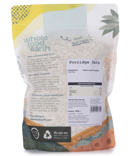 Whole Food Earth porridge oats cereal in a 500g package, showing the natural oat grains and cereal packaging.