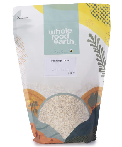 Whole Food Earth Porridge Oats cereal in a 1kg package, showing the textured oats ready for cooking or breakfast.