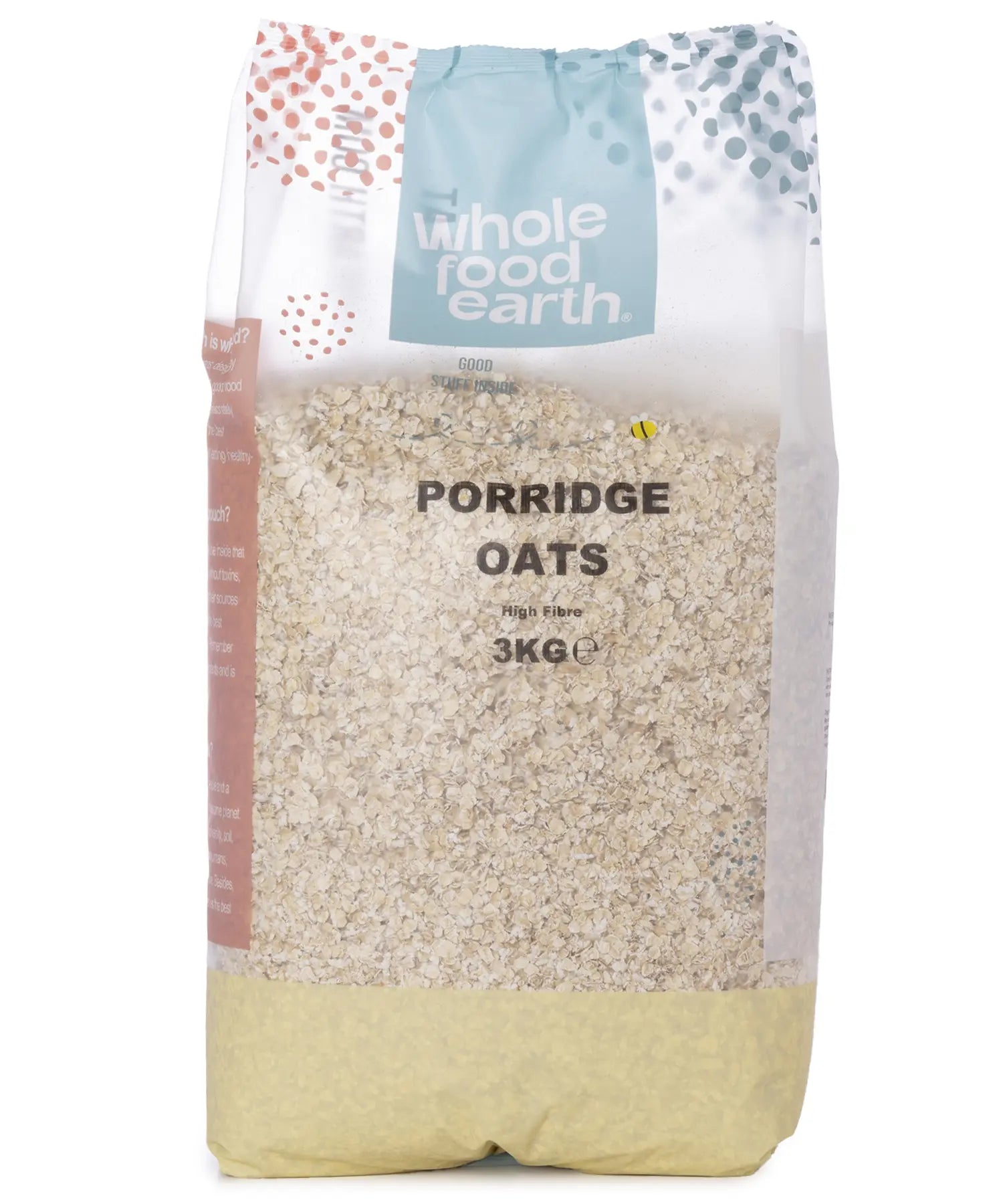 Whole Food Earth porridge oats cereal in a 3kg package, showing a bowl of prepared porridge with oats and toppings.