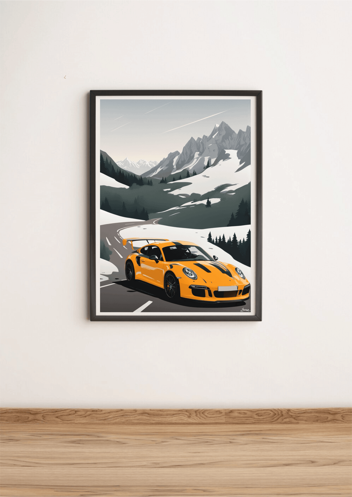 KEOLIX Alpine Drive wall art print featuring a detailed Porsche mockup on high-quality print for automotive enthusiasts.