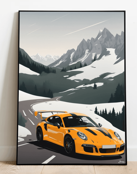KEOLIX Alpine Drive wall art print featuring a Porsche mockup, showcasing sleek automotive design and vibrant colors.