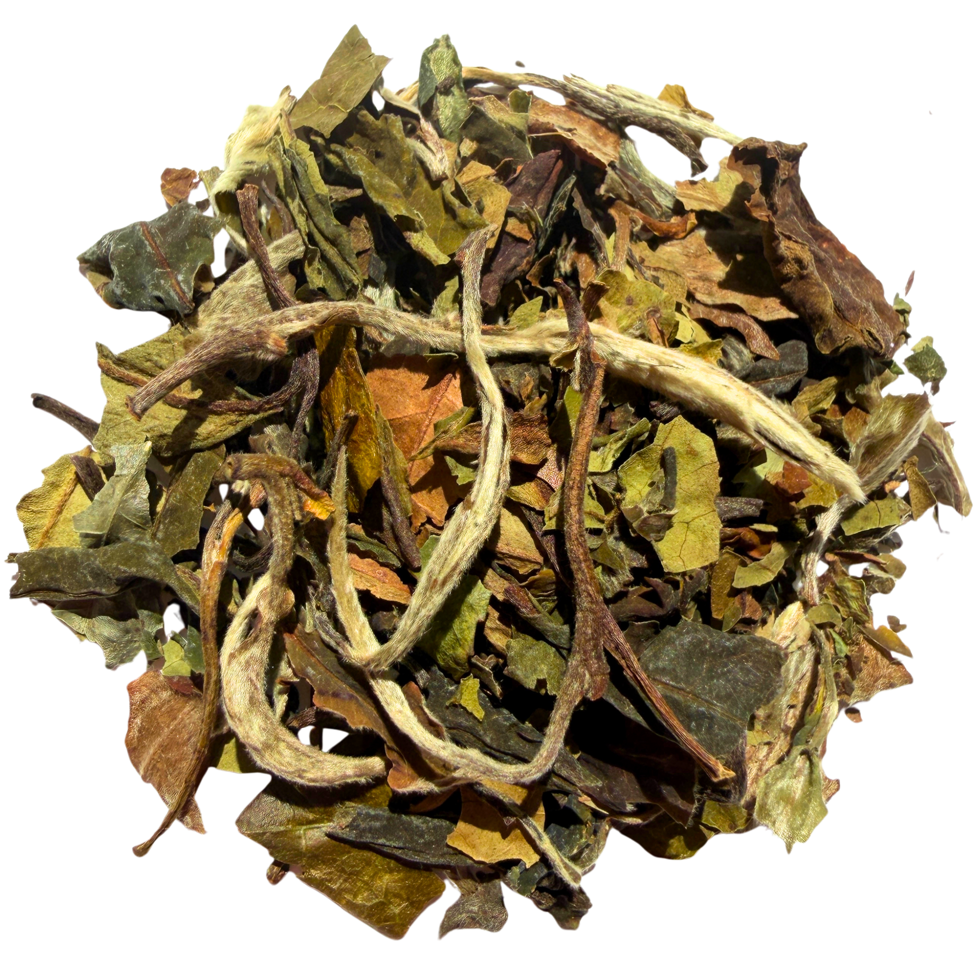 Loose Pai Mu Tan white tea leaves from Porter Hill Tea Company, showcasing natural white peony tea in clear packaging.