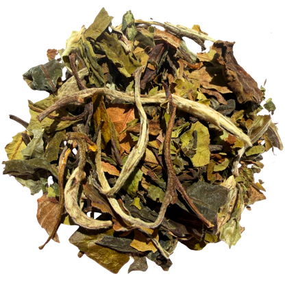 Loose Pai Mu Tan white tea leaves from Porter Hill Tea Company, showcasing natural white peony tea in clear packaging.