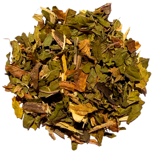 Loose leaf Liquorice and Peppermint herbal tea from Porter Hill Tea Company, showing a blend of dark liquorice and fresh peppermint leaves.