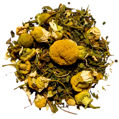 Loose leaf herbal and fruit tea called Meadow Morning Walk by Porter Hill Tea Company, showcasing fresh ingredients in a natural setting.