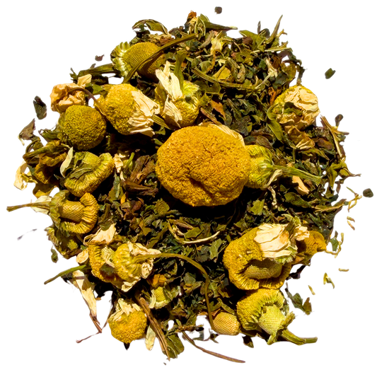 Loose leaf herbal and fruit tea called Meadow Morning Walk by Porter Hill Tea Company, showcasing fresh ingredients in a natural setting.