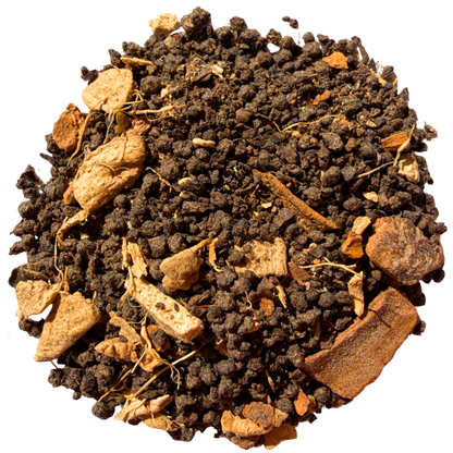 Loose leaf decaf Masala Chai black tea by Porter Hill Tea Company with aromatic spices and tea leaves in a natural presentation.
