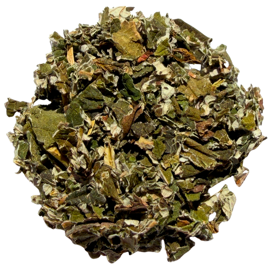 Loose raspberry leaf tea from Porter Hill Tea Company, herbal and fruit blend with fresh raspberry leaves in a natural presentation.