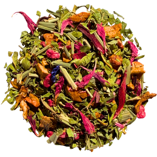 Loose leaf Raspberry Lemon Verbena herbal tea from Porter Hill Tea Company, showing fresh berries and lemon verbena leaves.