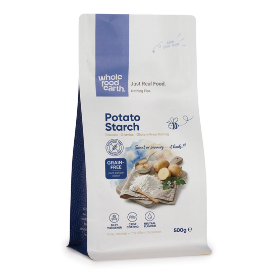 Whole Food Earth potato starch in a 500g bag, showing the flour's fine white texture and packaging.