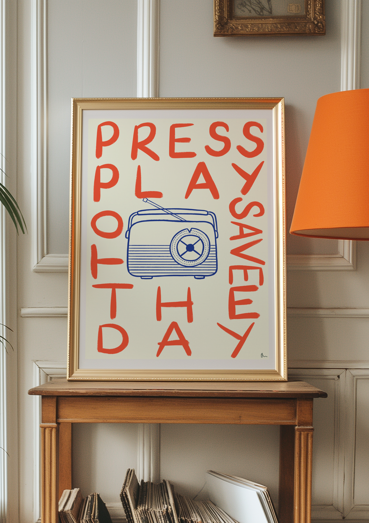 Colorful typographic music print by Peak Prints featuring playful, maximalist design with the words "Press Play" in bold letters.