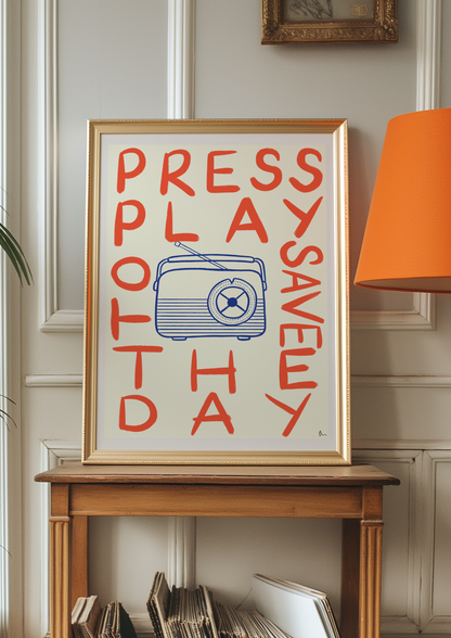 Colorful typographic music print by Peak Prints featuring playful, maximalist design with the words "Press Play" in bold letters.