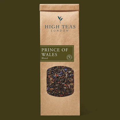 Loose leaf Prince of Wales tea by High Teas, showcasing a blend of black and aromatic tea leaves in a natural close-up.