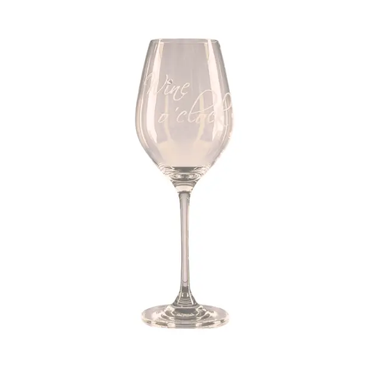 Elegant Glassware UK Diamante "Wine O'Clock" wine glass with decorative design, presented in a gift box, perfect for wine lovers.