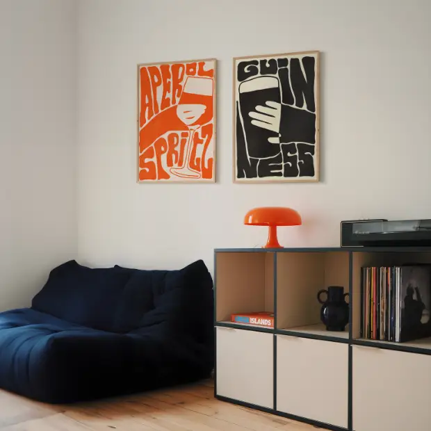 Funky Aperol typography artwork printed on high-quality FSC-certified 230gsm archival matte paper, suitable for wall decor.
