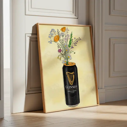High-quality archival matte print of Guinness and flowers artwork by Glassware UK on FSC-certified paper.