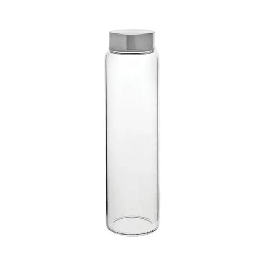 Clear 1L screw top glass bottle from Glassware UK with a smooth glass surface and metal screw cap, suitable for liquids.