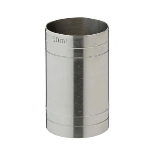 50ml metal shot measure accessory from Glassware UK, showing a sleek stainless steel shot glass on a white background.