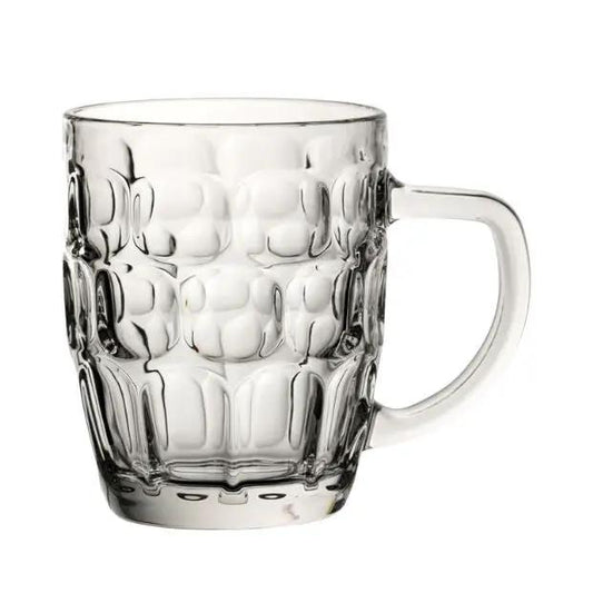 Six Dimple Glass Tankards from Glassware UK, 570ml each, clear sturdy glass with textured dimpled design, perfect for serving beverages.