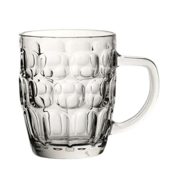 Dimple glass tankard with 570ml capacity, clear glassware from Glassware UK, showing detailed textured surface and sturdy handle.