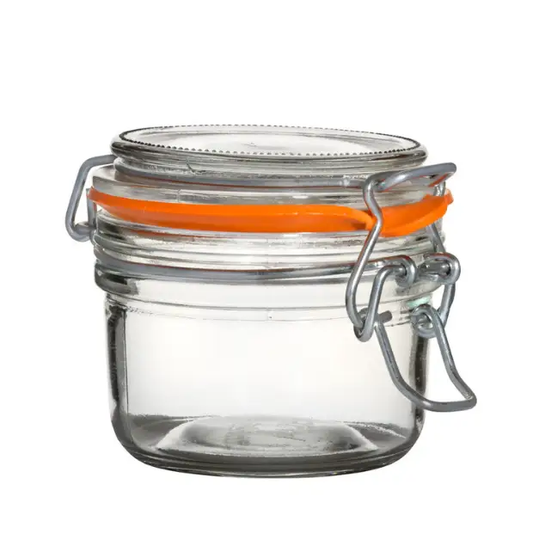 Glassware UK 125ml terrine glass jar showing clear glass container with lid, ideal for storing small food items or preserves.