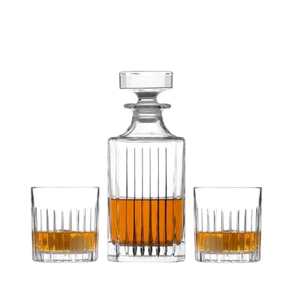Glassware UK Broadway 3-piece whisky decanter set with matching glasses in a gift box, elegant crystal glassware for spirits.