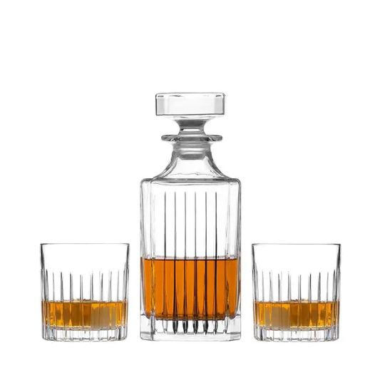 Glassware UK Broadway 3-piece whisky decanter set with matching glasses in a gift box, elegant and stylish for whiskey storage.