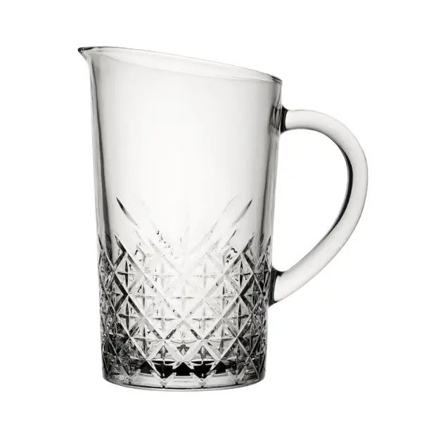 Vintage glass jug with a 1.4L capacity, clear transparent design, and classic shape from Glassware UK.