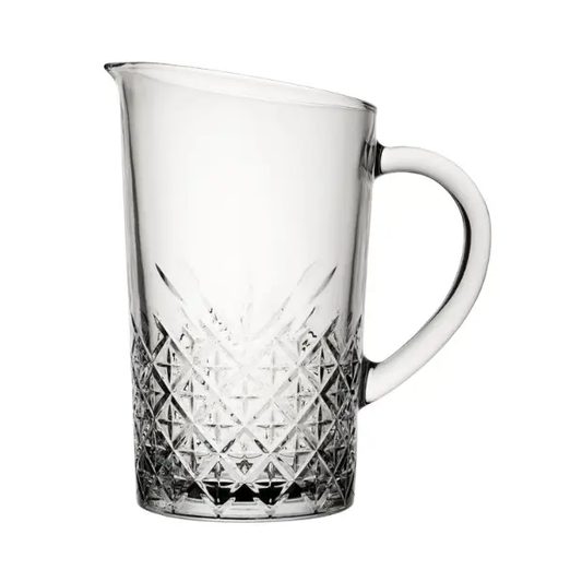 Vintage glass jug with a 1.4L capacity, clear transparent design, and classic shape from Glassware UK.
