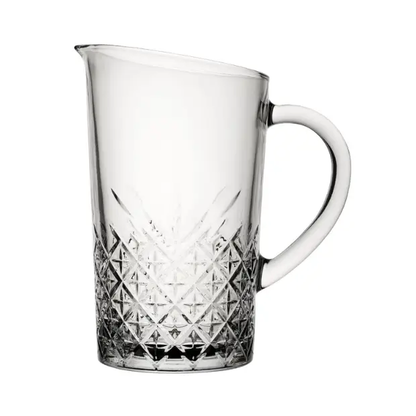 Vintage glass jug from Glassware UK, 1.4L capacity, clear transparent design with a wide opening and sturdy handle for serving beverages.