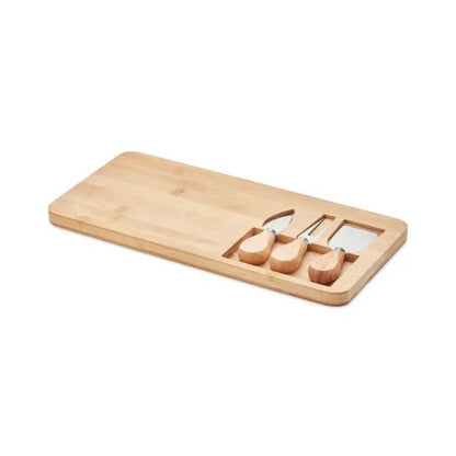 Bamboo cheese board set with cheese knives and serving accessories, ideal for entertaining and gift-giving by Glassware UK