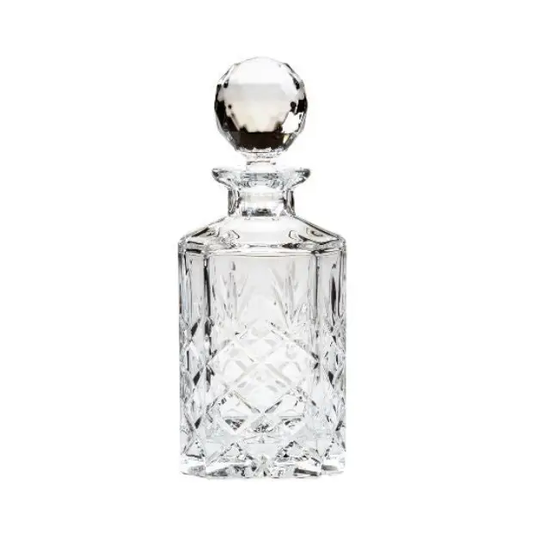 Crystal full cut square spirit decanter by Glassware UK, 0.8 liters, with a square shape and intricate faceted design.