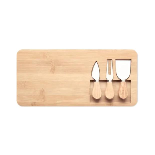 Bamboo cheese board set with cheese knives and utensils, perfect for serving and entertaining on a stylish gift set from Glassware UK.