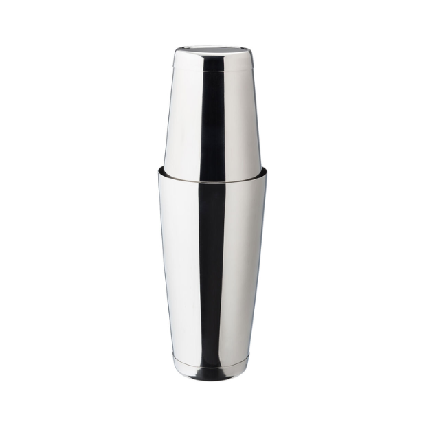 Stainless steel 750ml metal cocktail shaker by Glassware UK, with a sleek, reflective finish and a secure lid for mixing drinks.