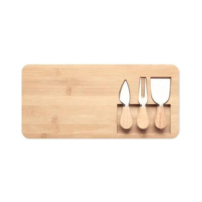 Bamboo cheese board set with cheese knives and utensils from Glassware UK, perfect for serving cheeses and snacks.