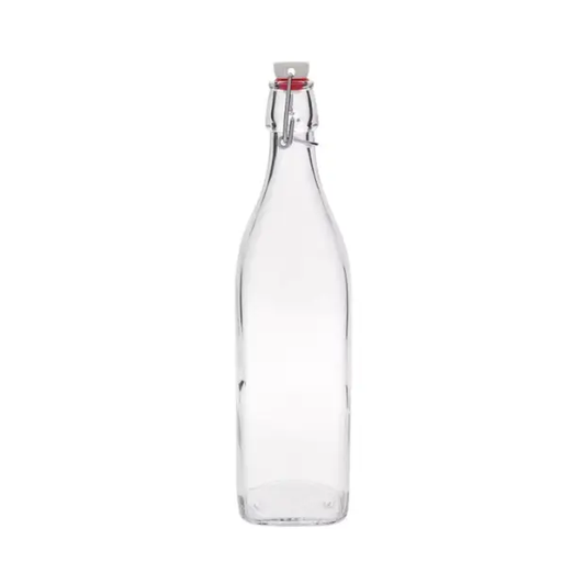 Bormioli Rocco 1L square swing top glass bottle with a metal lid, designed for storing liquids in a stylish way.