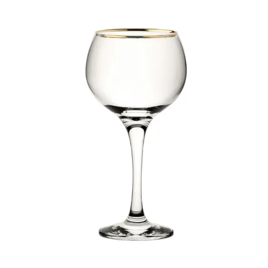 Gold-rimmed Ambassador gin glass from Glassware UK, 560ml, clear glass with elegant gold detailing and a classic stem design.
