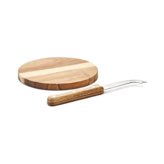 Acacia cheese set with knife and board, crafted by Glassware UK, displayed on a wooden surface with cheese and grapes.