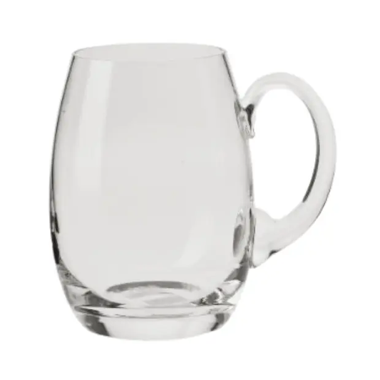 Handmade Krosno 850ml barrel-shaped glass tankard with sturdy handle, crafted by Glassware UK for classic beer serving.