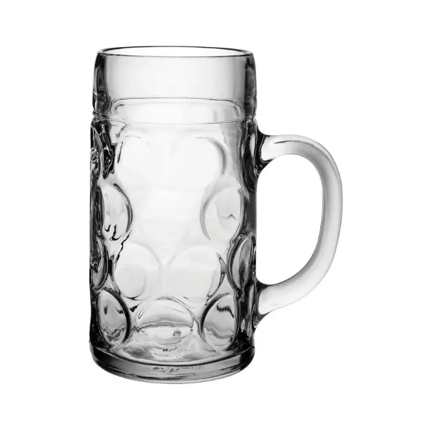 Stolzle 2 Pint Glass Tankard with 1.3L capacity, clear glassware UK product, detailed view of sturdy beer mug with handle