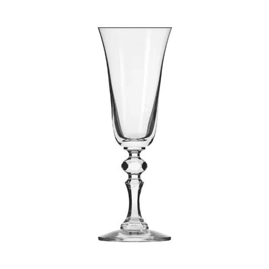 Six Krosno Krista champagne flutes, 150ml glassware set with clear tall stems and elegant bowl design, ideal for celebratory drinks.